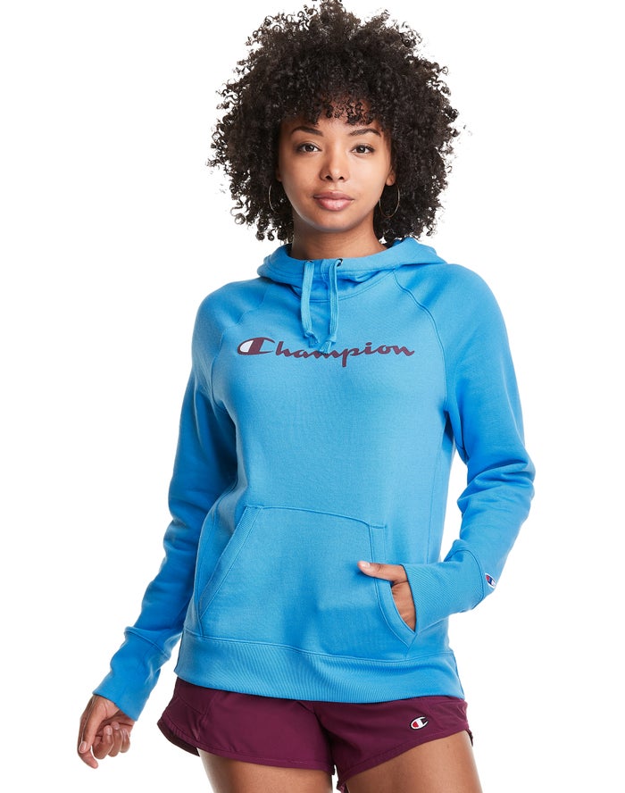 Champion Powerblend Fleece Script Logo Kadın Kapşonlu Sweatshirt Mavi ( NYZILV083 )